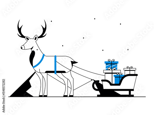 Deer cart brings many gifts. Snowy day illustration. Winter fun activity. Flat vector illustration.