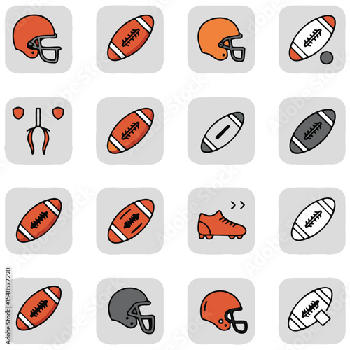 Ein Icon-Set zeigt die grundlegende Ausrüstung für American Football, darunter Helme, Bälle, Stollenschuhe und Ausrüstung. Diese originellen, handgezeichneten Icons eignen sich perfekt für Apps