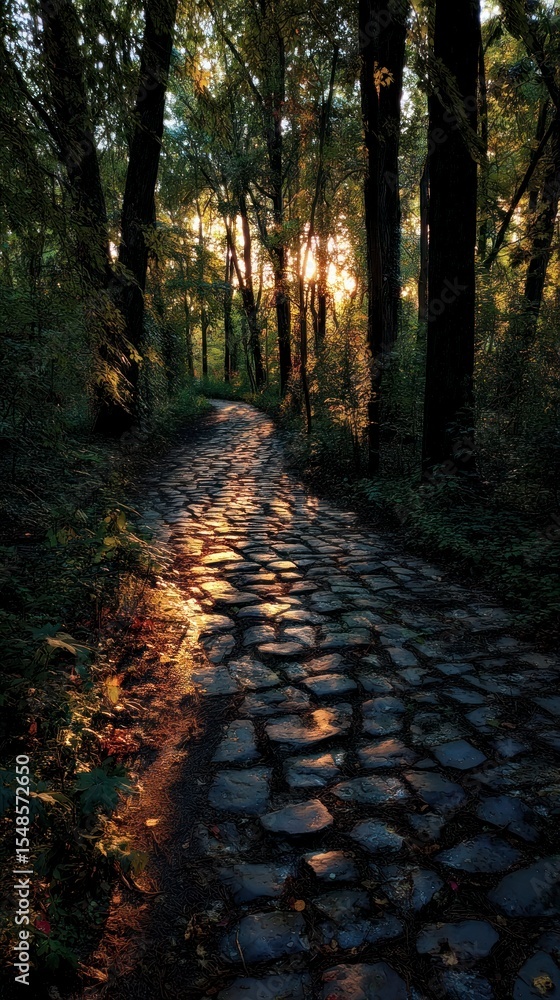 Obraz premium Winding cobblestone path through forest with sunlight and shadow
