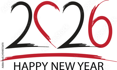 Happy New Year 2026 logo with a unique hand-drawn brush stroke style. The numbers creatively form a red heart, symbolizing love for the new year.
