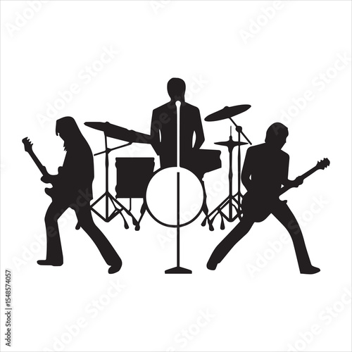 Silhouette of Rock Band Performing with Guitars and Drums Vector Illustration