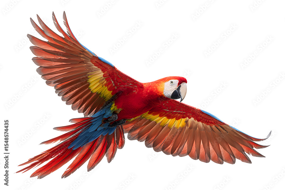 Fototapeta premium Colorful scarlet macaw in flight with wings spread wide isolated on transparent background