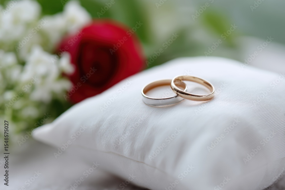 Wedding rings on white pillow with flower Wedding rings on white pillow with flower