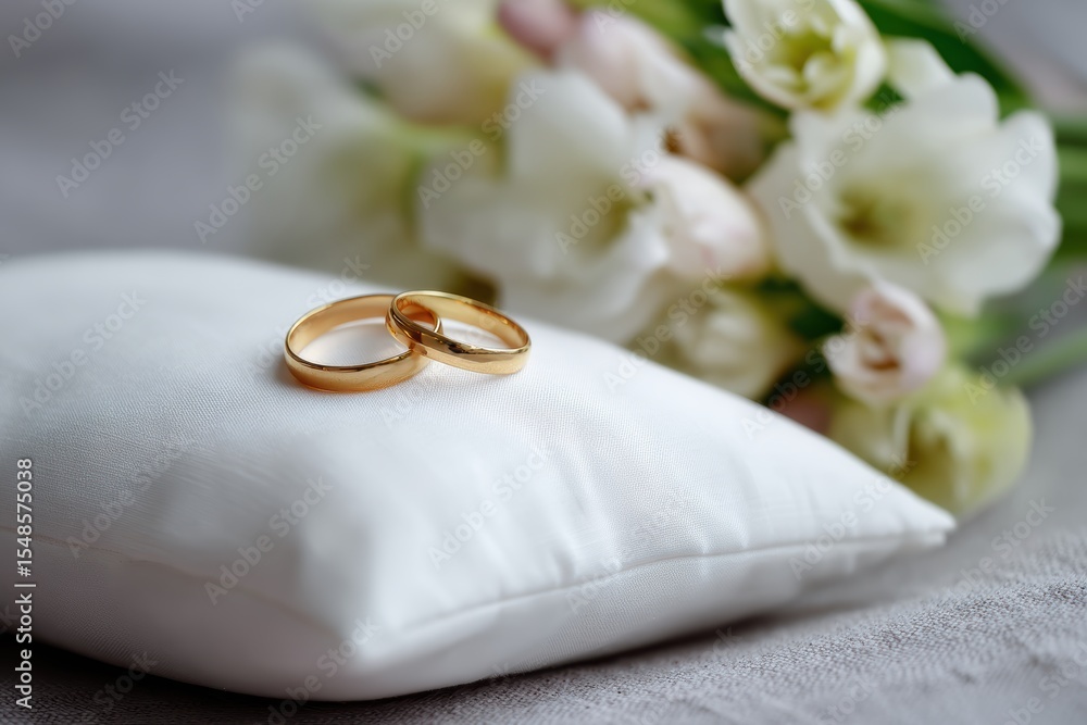 Wedding rings on white pillow with flower Wedding rings on white pillow with flower