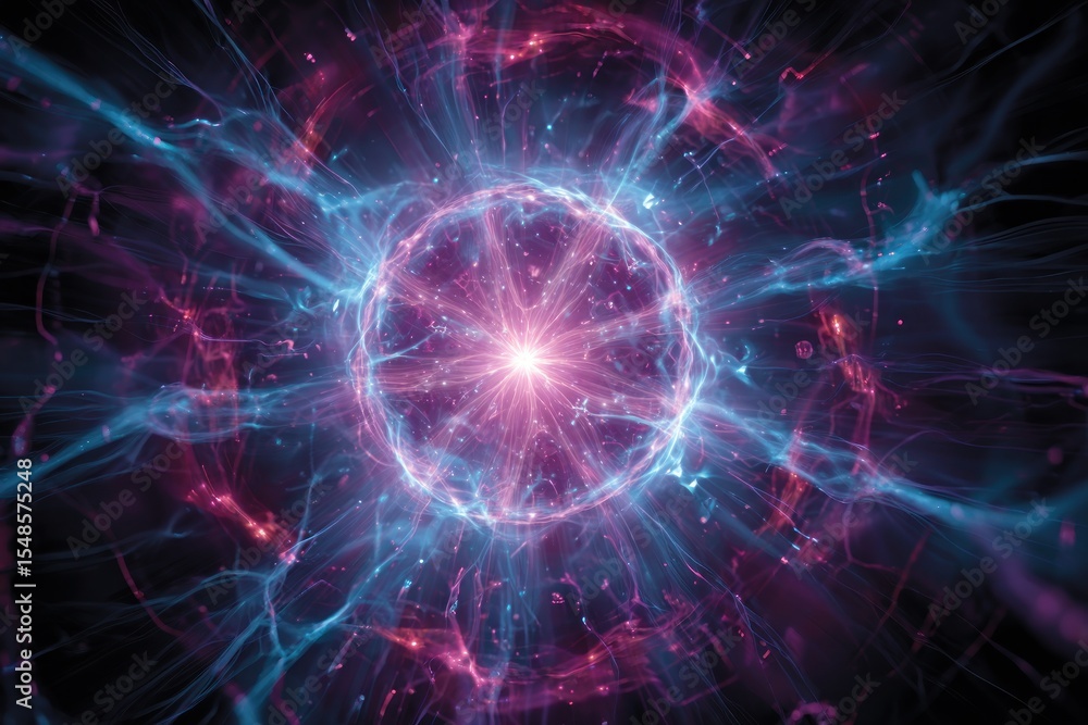 An abstract composition of glowing energy swirls around a central sphere, radiating light. An abstract composition of glowing energy swirls around a central sphere, radiating light.