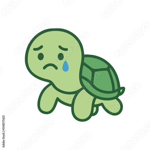 Sad cartoon turtle with tear drop and frown, green shell and body, simple flat design. Perfect for emotional stickers, kids content, and expressive illustrations.

