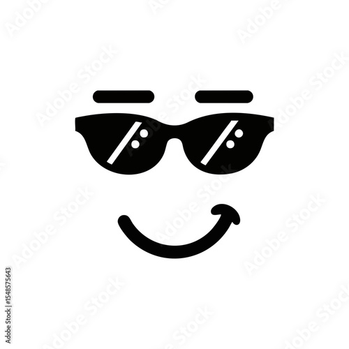 Cool smiley face with sunglasses and raised eyebrows in bold black design, expressing confidence and stylish attitude in vector format.

