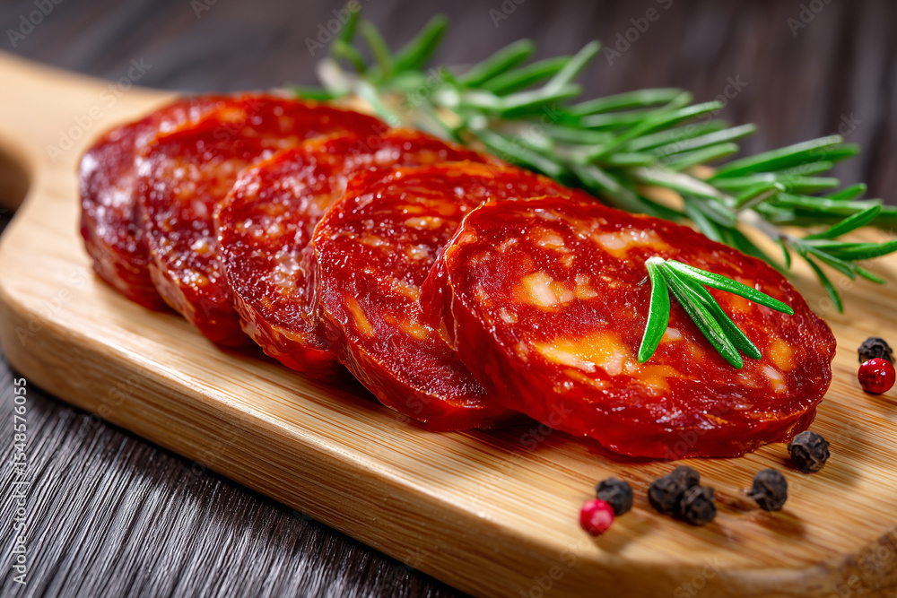 Delicious Sliced Chorizo Sausage with Fresh Rosemary and Peppercorn on Wooden Board Gourmet Food Still Life Delicious Sliced Chorizo Sausage with Fresh Rosemary and Peppercorn on Wooden Board Gourmet Food Still Life