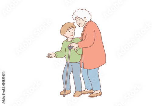 Caring little boy child helping mature grandmother cross road. Cute small kid hold hand assist elderly woman walk on street. Hand drawn style vector design illustrations.