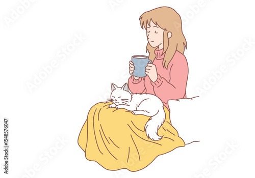 Young woman enjoys the comfort of sitting on a chair with a blanket and caressing her pet cat. looks out the window and drinks tea or coffee. Cozy, relax, dream concept. Hand drawn style vector design