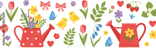 Set of spring cute elements. Hand drawn lovely flowers, bows, floral decor, blossom garden, watering can, leaves and herb, bird and butterfly. Collection spring stickers. 