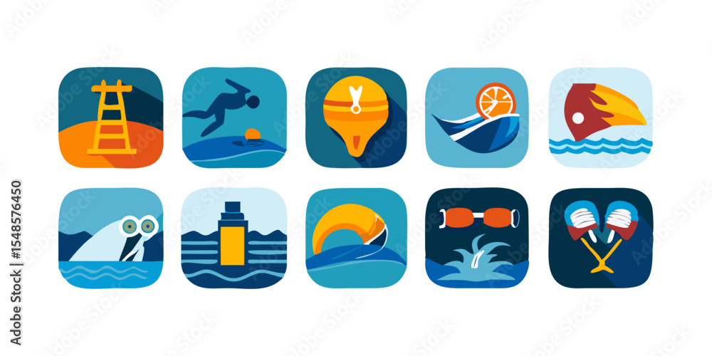 Fototapeta premium Swimming pool sport icons - swimmer, goggles, medal, water, competition vector set.