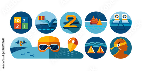 Swimming pool sport icons - swimmer, goggles, medal, water, competition vector set.