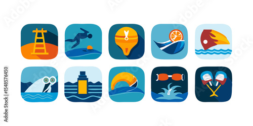 Swimming pool sport icons - swimmer, goggles, medal, water, competition vector set.
