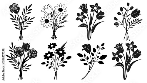 Elegant Wildflower Bouquet Vector – Hand-Drawn Black Floral Silhouette on White Background