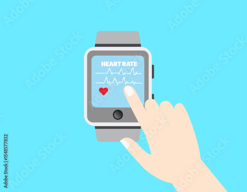 A hand taps a smartwatch displaying "HEART RATE" with an ECG line and heart.