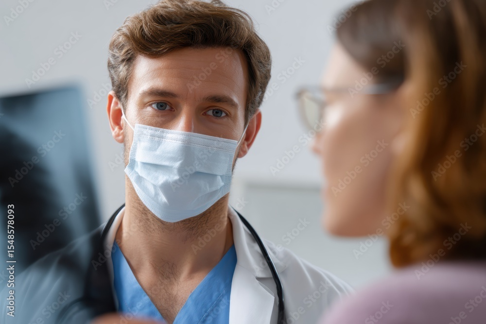 Doctor holding x-ray scan explaining to patient Doctor holding x-ray scan explaining to patient