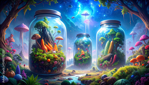  Pickle jar terrarium with miniature vegetable forest and brine rain. Generated Image