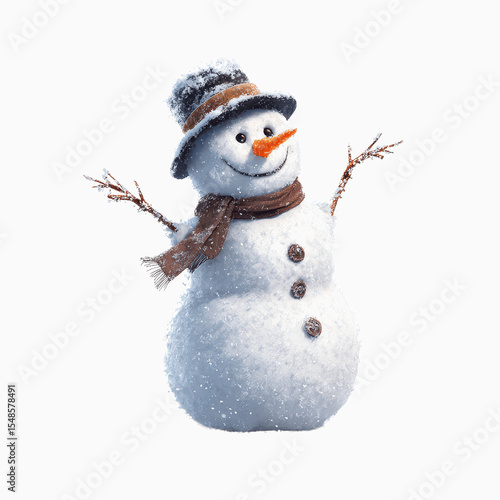 Joyful Snowman with Snow Falling, 3D Render