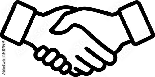 Black vector icons illustration of a handshake with two hands clasped together indicating agreement or partnership in black outline