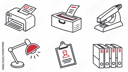 Black vector icons illustration of office supplies including a printer shredder stapler lamp clipboard and binders