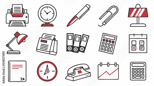 Black vector icons illustration of various office supplies including a printer clock pen paperclip and other desk items
