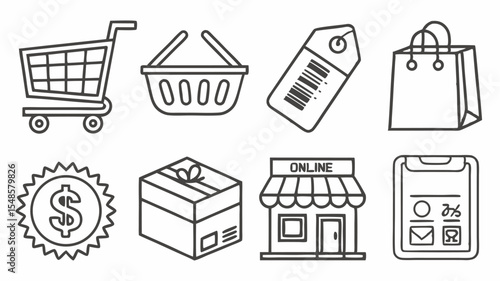 Black vector icons outline drawing of shopping elements including cart basket tag bag dollar box store and smartphone