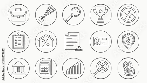 Black vector icons line art icons representing business finance and investment inside circles on a white background