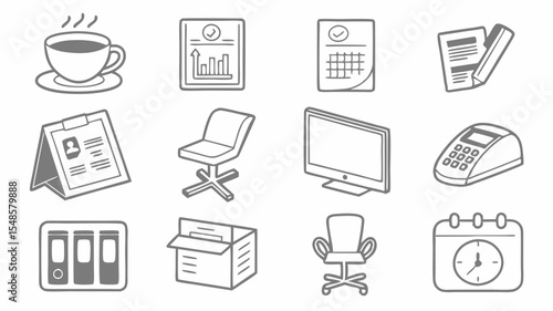 Black vector icons illustration of office supplies including a coffee cup, calendars, chairs, and other office equipment items