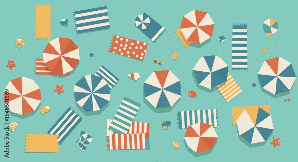 Obraz premium Beach Scene with Umbrellas Towels Seashells Starfish and Sunglasses Flat Lay.