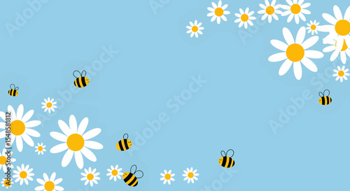 Cartoon Bees and Daisies A Cheerful Springtime Illustration with Smiling Insects.