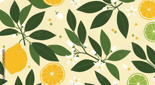 Citrus Fruit and Blossom Pattern with Lemon Lime and Orange Slices.