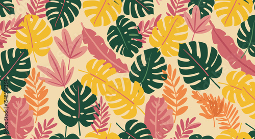 Colorful Tropical Leaf Pattern with Monstera Palm and Other Exotic Foliage.