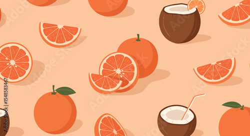 Stylized Orange Slices and Coconuts with Straws a Tropical Fruit Pattern.