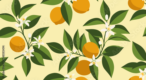 Stylized Orange Tree Branches with Blossoms and Ripe Fruit Pattern.