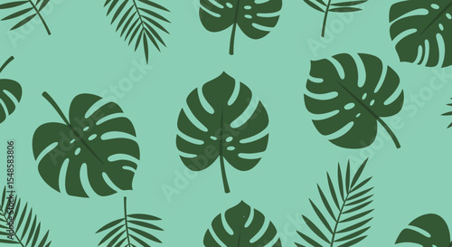Tropical Foliage Pattern Dark Green Monstera and Palm Leaves on Teal.