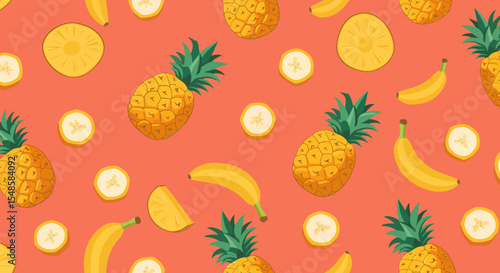Tropical fruit pattern featuring pineapples bananas and banana slices on a coral backdrop.