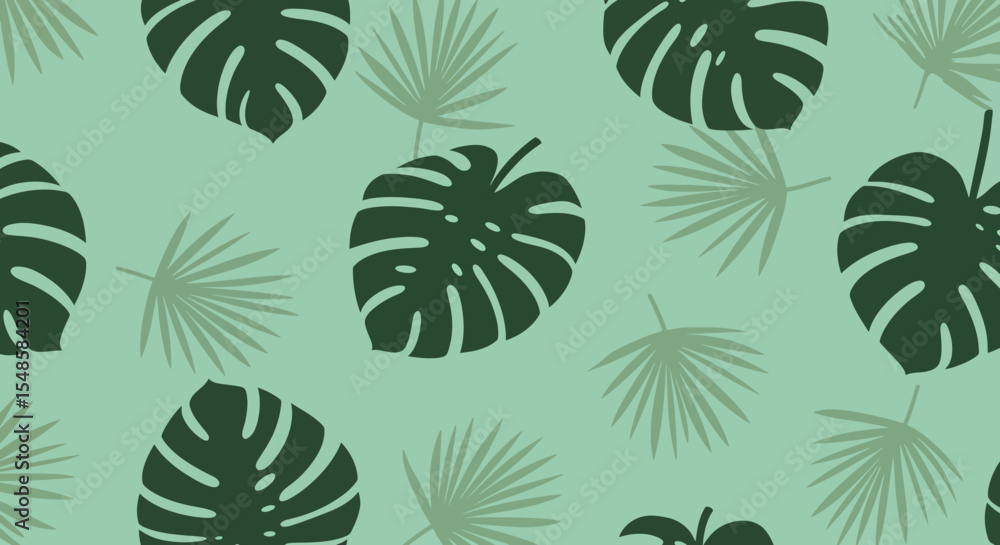 Naklejka premium Tropical Monstera and Palm Leaf Pattern in Muted Green Tones.