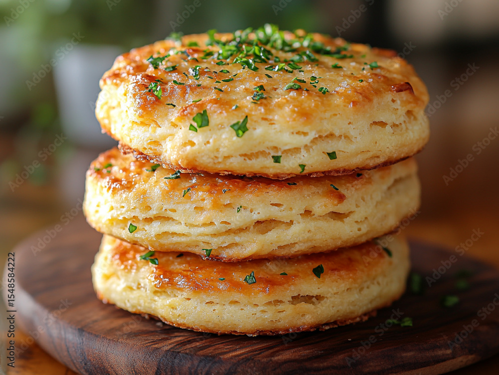 A close-up of a stack of golden-brown, round cheddar bay biscuits, garnished with chopped chives, on a wooden board.
A close-up of a stack of golden-brown, round cheddar bay biscuits, garnished with chopped chives, on a wooden board.