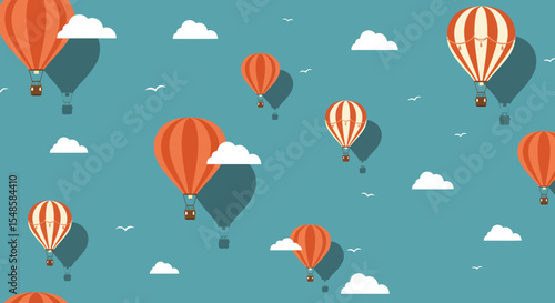 Whimsical hot air balloons with orange hues and striped patterns floating in the sky.