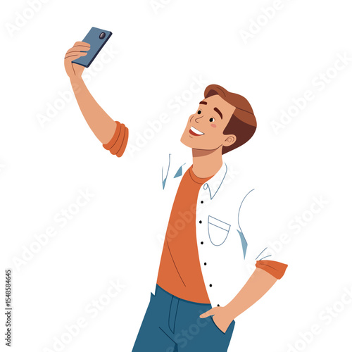 Selfie Snapshot: A young man takes a cheerful selfie with his smartphone, radiating positivity and connectivity in a modern setting.