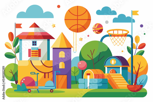 Cartoon illustration of a cheerful grandfather and grandson happily talking and bonding over a basketball. Family love, generation connection