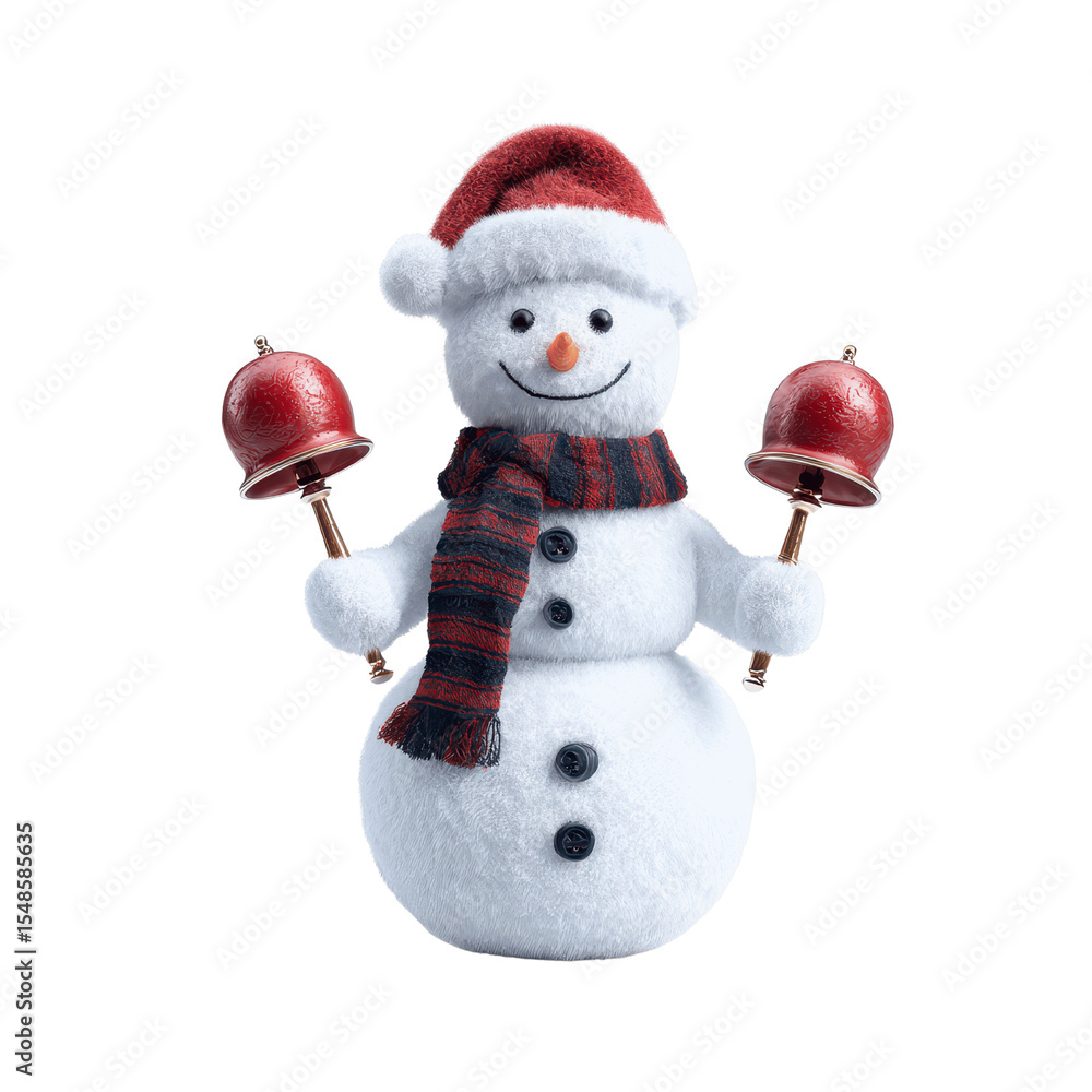 Fototapeta premium Cheerful Snowman with Bells, Wearing Santa Hat and Scarf - 3D Render