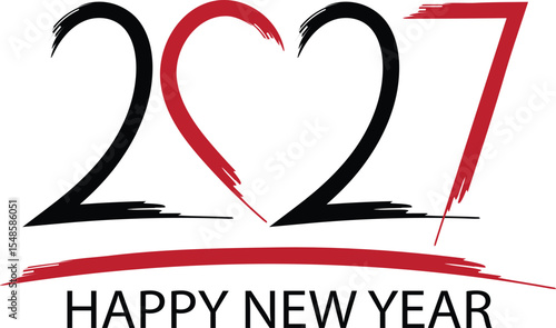 2027 Happy New Year" with a heart-shaped zero and brush stroke effect in black and red, conveying a modern and artistic greeting.