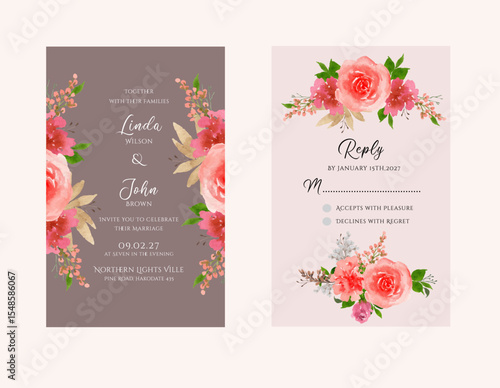 Pink Blush Floral Bouquet Arrangement Watercolor Wedding Invitation