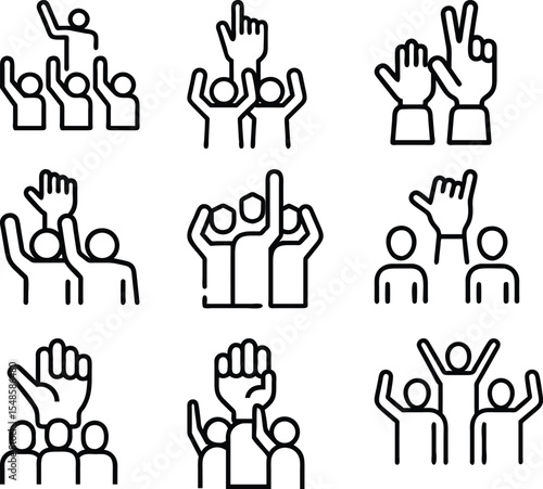 Nine line icons of people raising hands in celebration