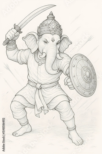 Warrior Ganesha Sketch with Sword and Shield – Mythical Hindu Art