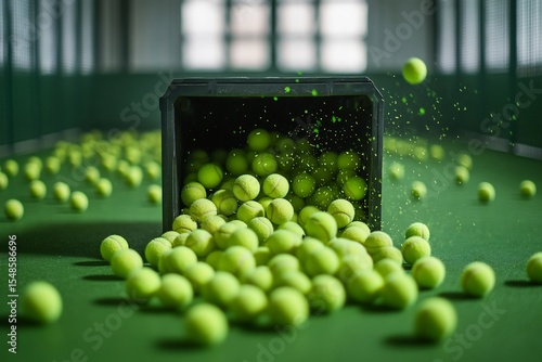 Tennis ball hopper tipped over spilling balls onto court no human no labelling no logo