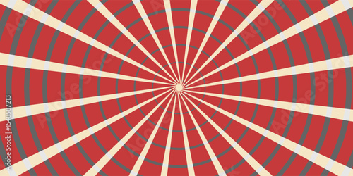 Circus background and spiral retro rays vector pattern. Vintage poster of red white sun radial lines or exploding stars with grunge texture.