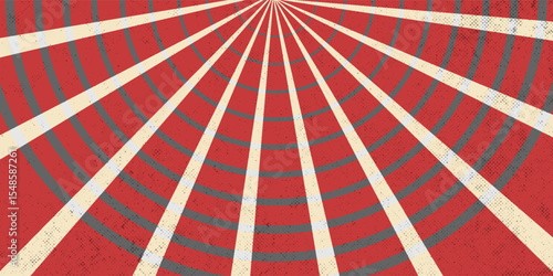 Circus background and spiral retro rays vector pattern. Vintage poster of red white sun radial lines or exploding stars with grunge texture. modern illustration.